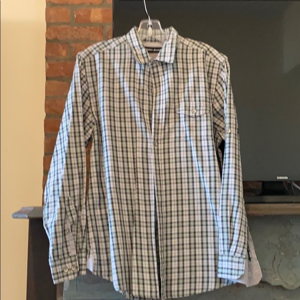 DKNY casual plaid button down grey and green